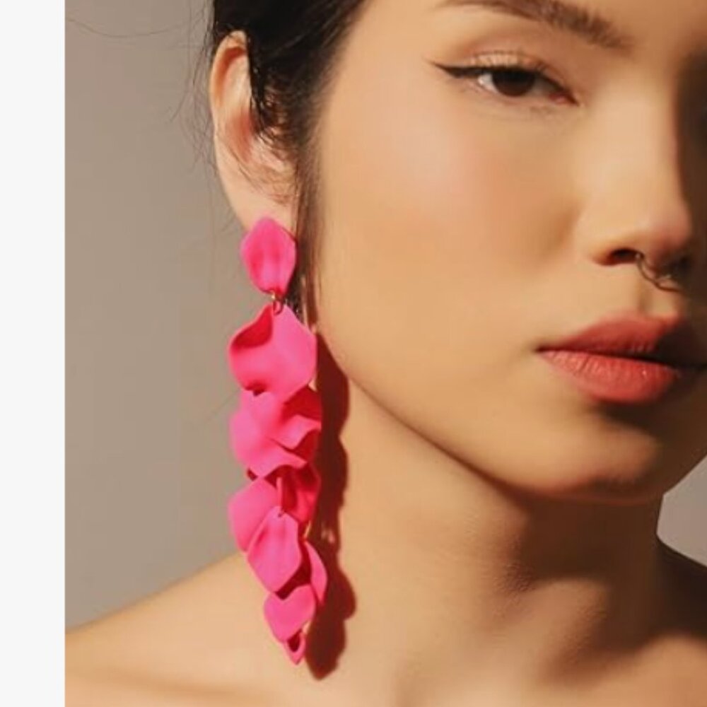 Floral Elegant long Pink Rose petals Earrings